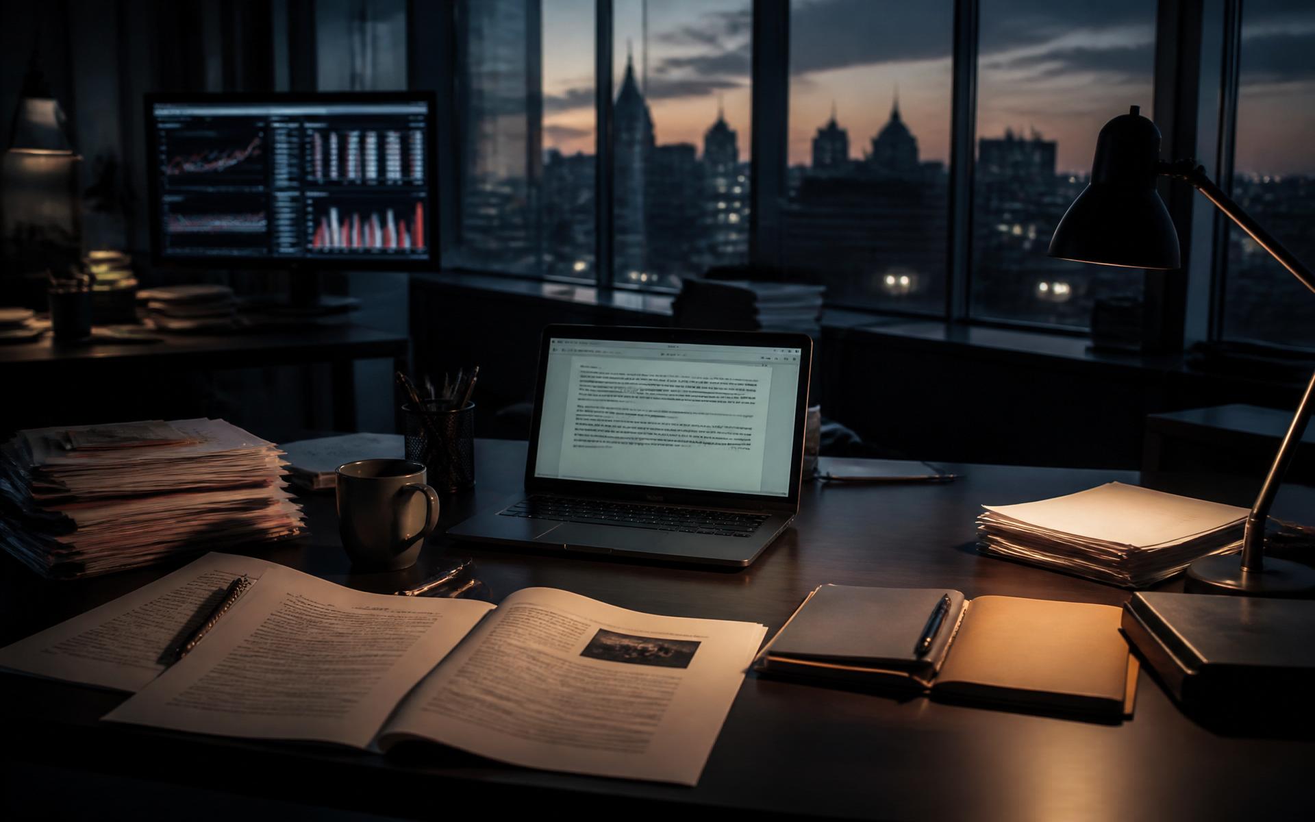 Redaktioneller Arbeitsplatz mit Dokumenten und Recherchenotizen